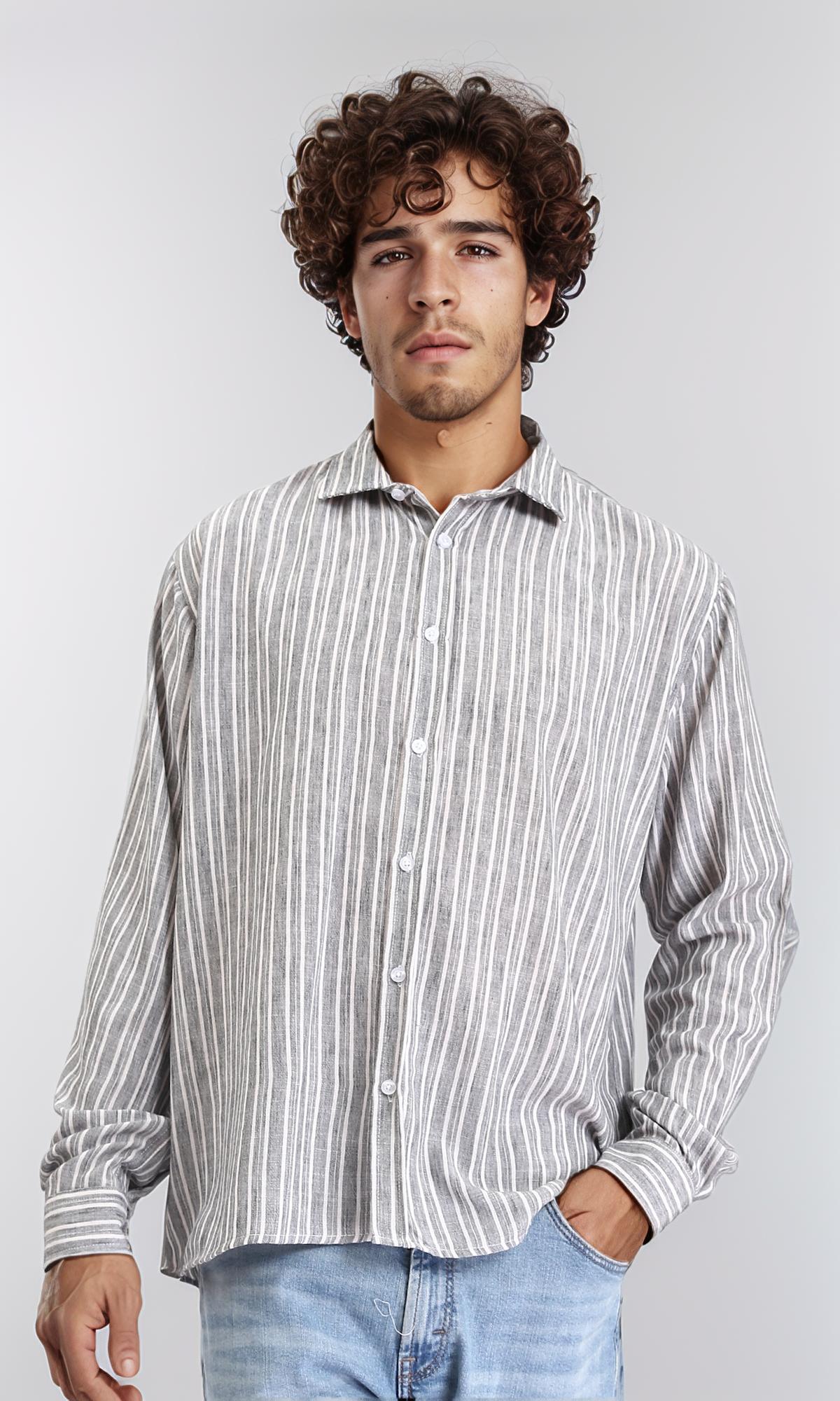 Striped Long Sleeves Casual Shirt - Grey & White
