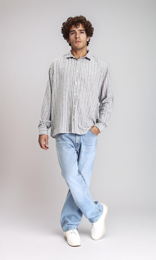 R214220 - Striped Long Sleeves Casual Shirt - Grey & White