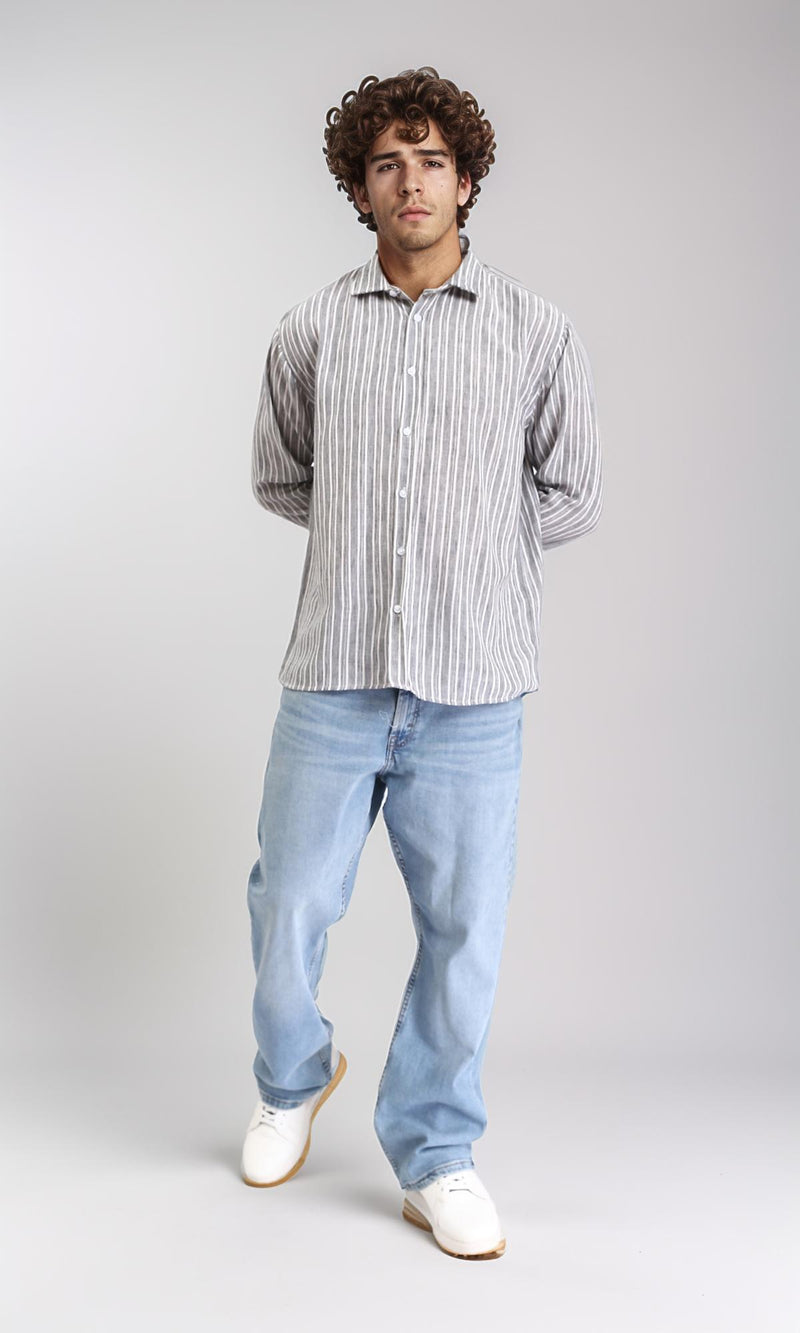 R214220 - Striped Long Sleeves Casual Shirt - Grey & White