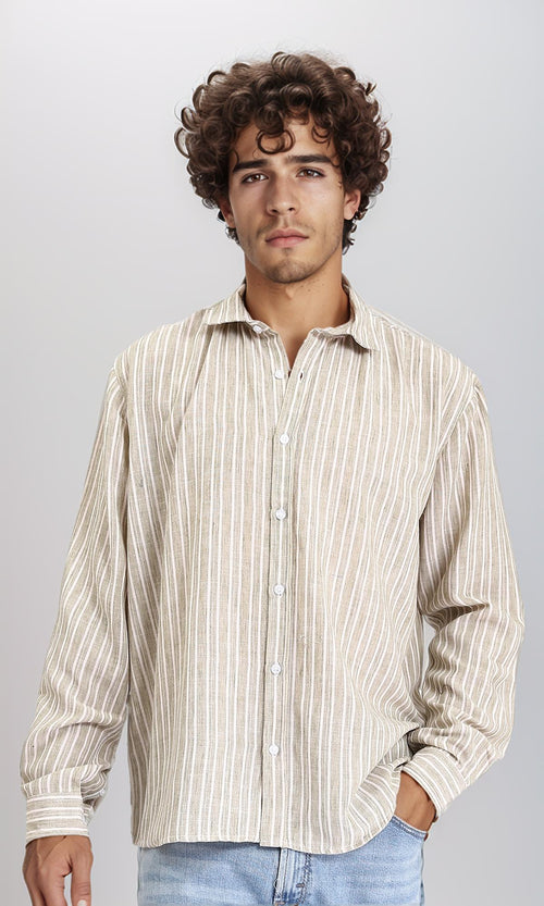 R214221 - Striped Long Sleeves Casual Shirt - Dark Khaki & White