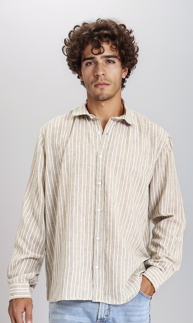 R214221 - Striped Long Sleeves Casual Shirt - Dark Khaki & White