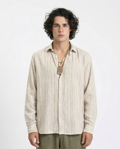 Striped Long Sleeves Casual Shirt - Dark Khaki & White