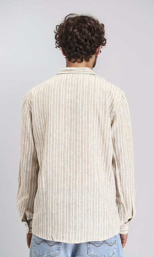 R214221 - Striped Long Sleeves Casual Shirt - Dark Khaki & White