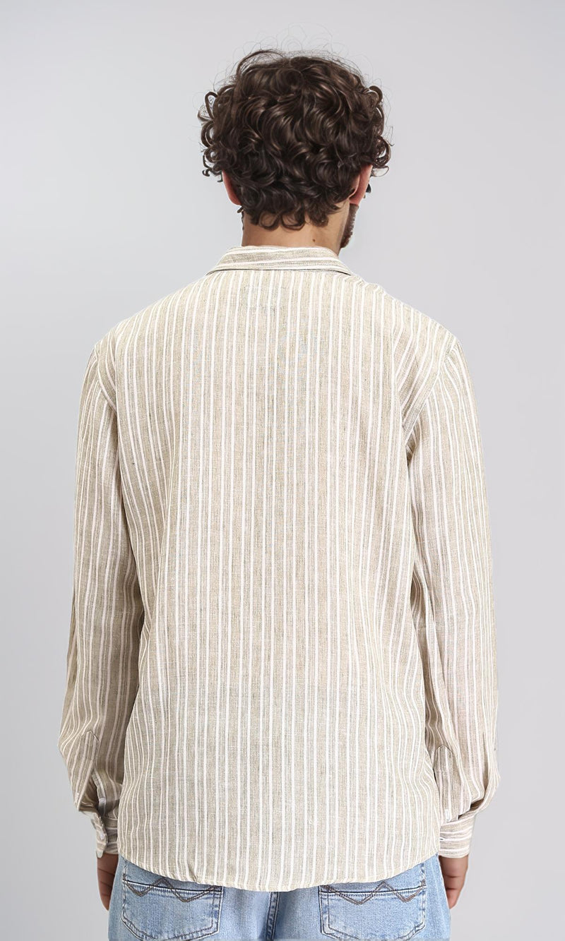 R214221 - Striped Long Sleeves Casual Shirt - Dark Khaki & White