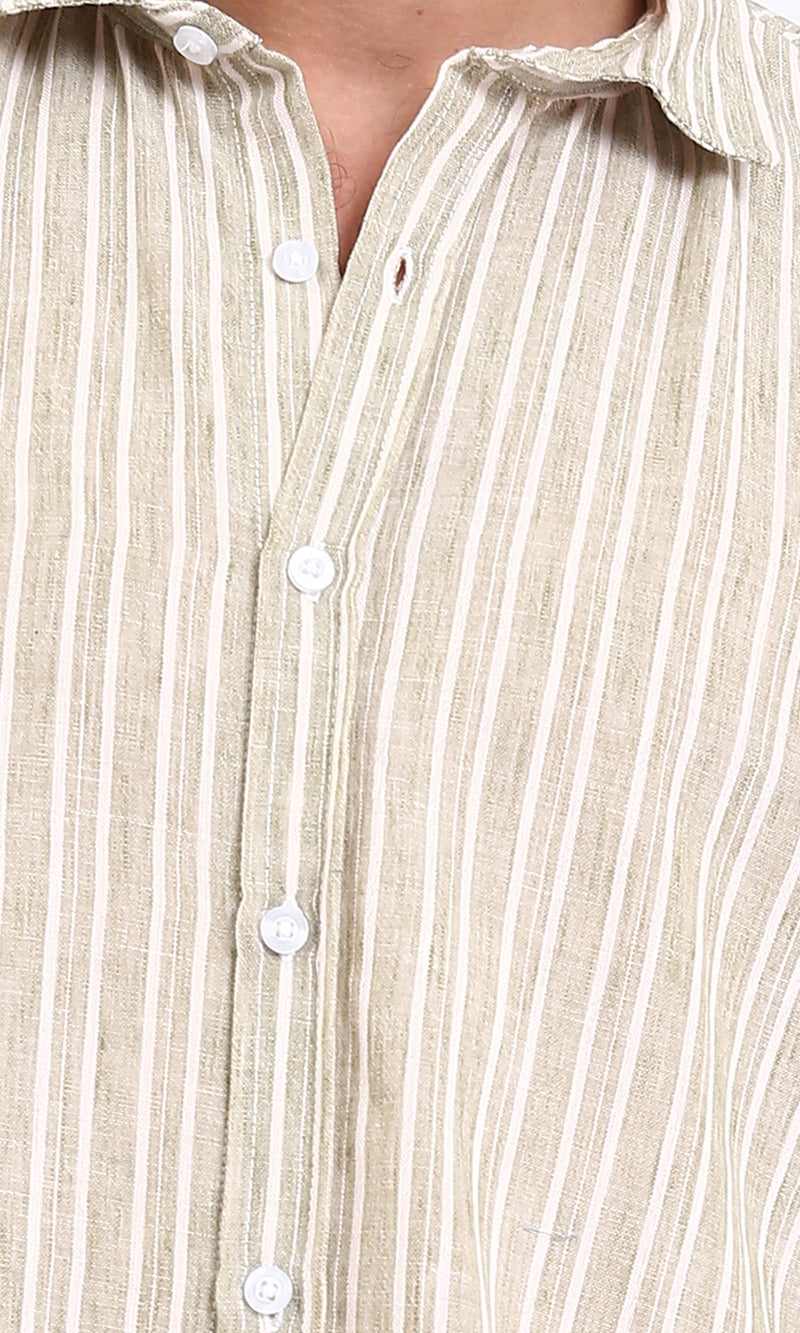 R214221 - Striped Long Sleeves Casual Shirt - Dark Khaki & White