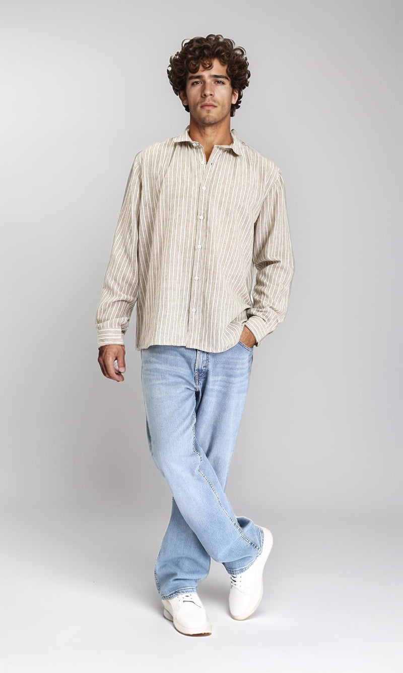 R214221 - Striped Long Sleeves Casual Shirt - Dark Khaki & White