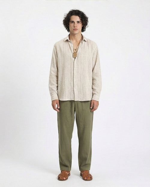 R214221 - Striped Long Sleeves Casual Shirt - Dark Khaki & White