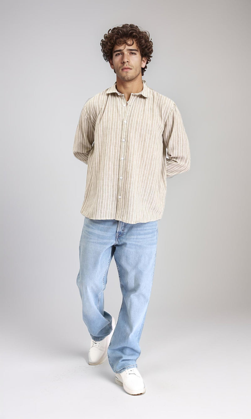 R214221 - Striped Long Sleeves Casual Shirt - Dark Khaki & White