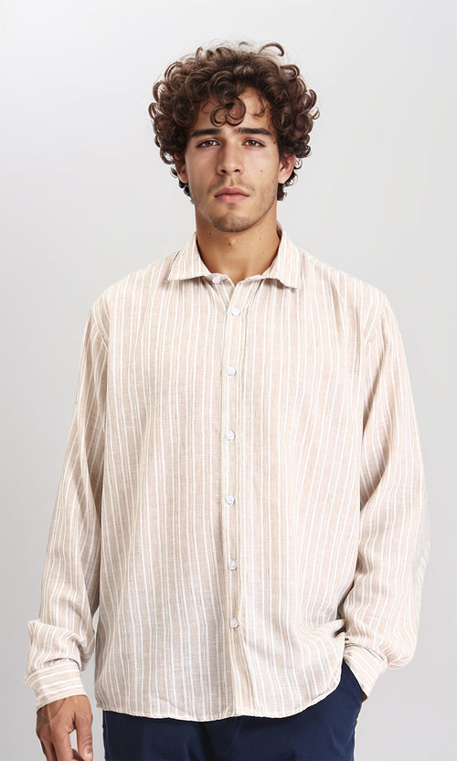 R214222 - Striped Long Sleeves Casual Shirt - Dark Beige & White