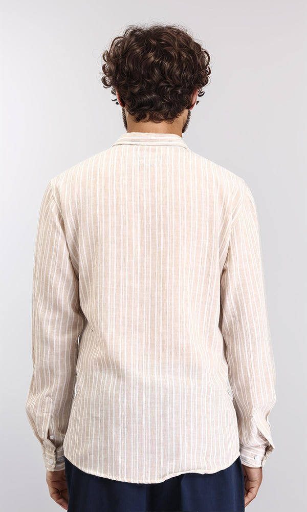 R214222 - Striped Long Sleeves Casual Shirt - Dark Beige & White