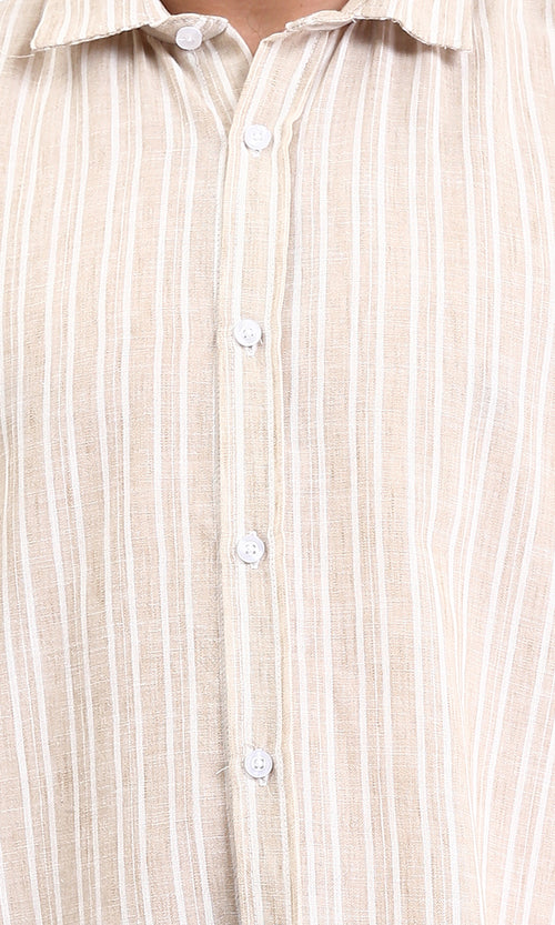 R214222 - Striped Long Sleeves Casual Shirt - Dark Beige & White