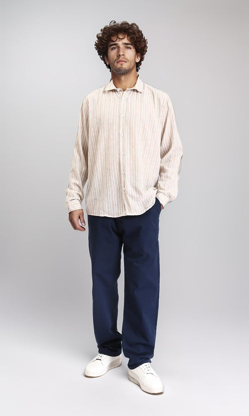 R214222 - Striped Long Sleeves Casual Shirt - Dark Beige & White