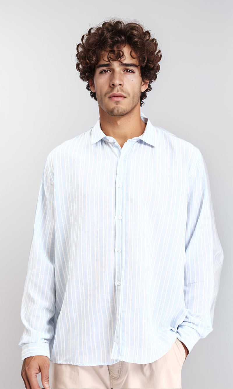 R214223 - Striped Long Sleeves Casual Shirt - Aqua & White