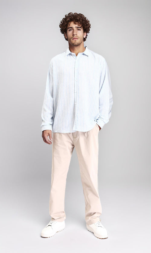 R214223 - Striped Long Sleeves Casual Shirt - Aqua & White