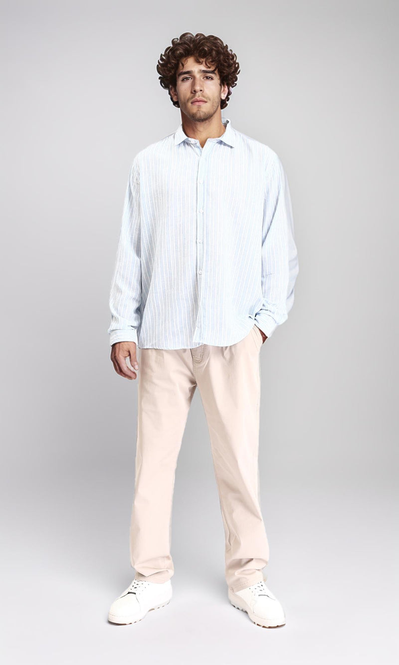 R214223 - Striped Long Sleeves Casual Shirt - Aqua & White