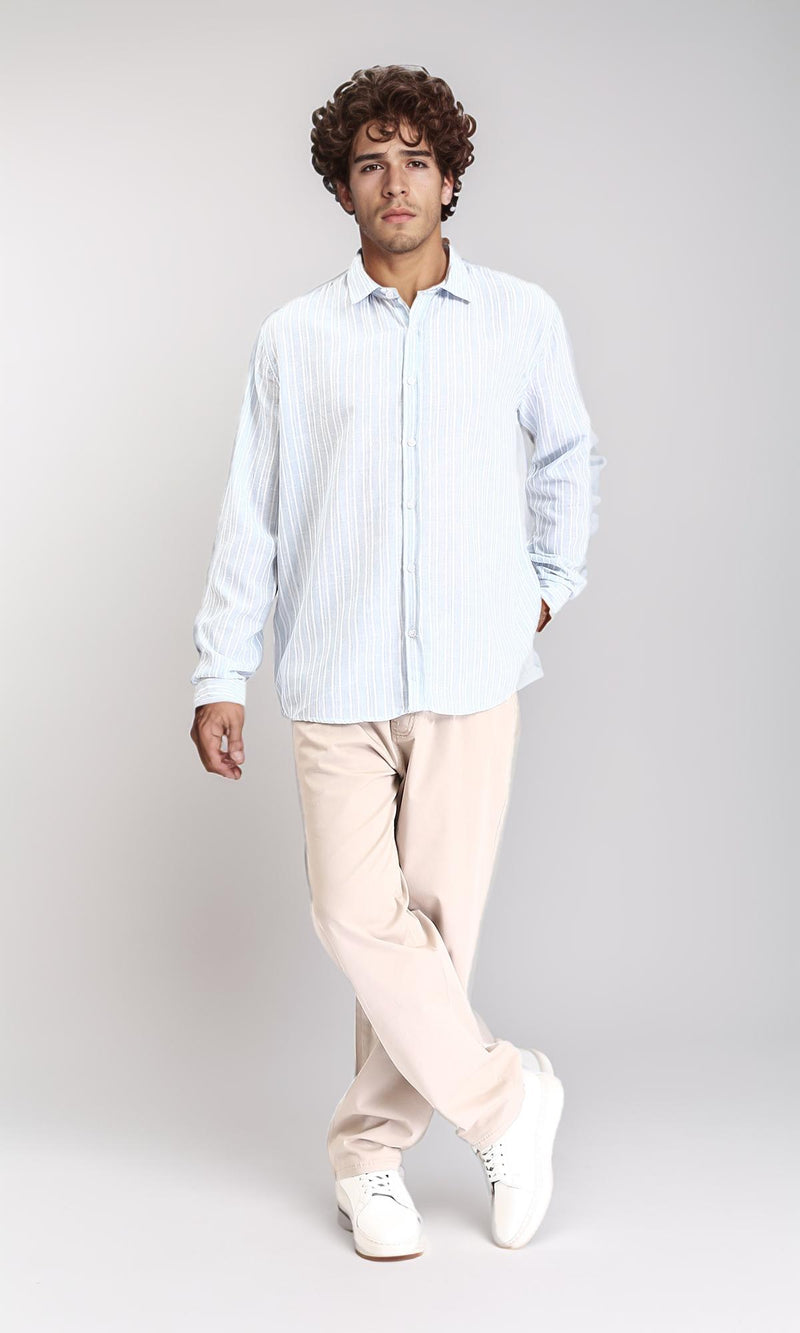 R214223 - Striped Long Sleeves Casual Shirt - Aqua & White