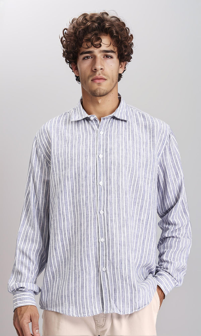 R214224 - Striped Long Sleeves Casual Shirt - Navy Blue & White