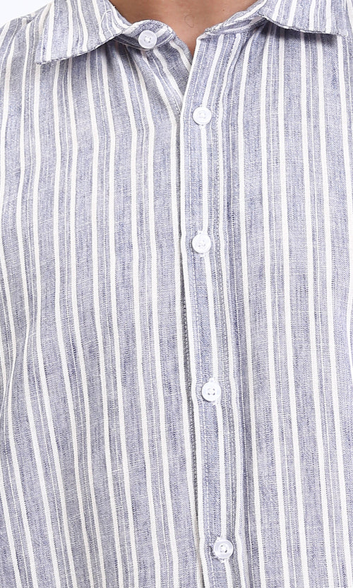 R214224 - Striped Long Sleeves Casual Shirt - Navy Blue & White