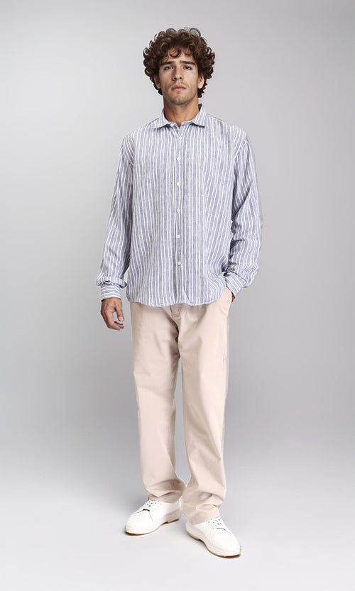 R214224 - Striped Long Sleeves Casual Shirt - Navy Blue & White