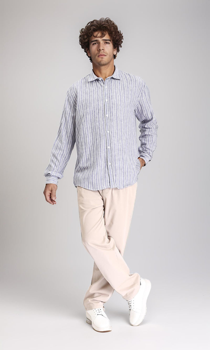 R214224 - Striped Long Sleeves Casual Shirt - Navy Blue & White