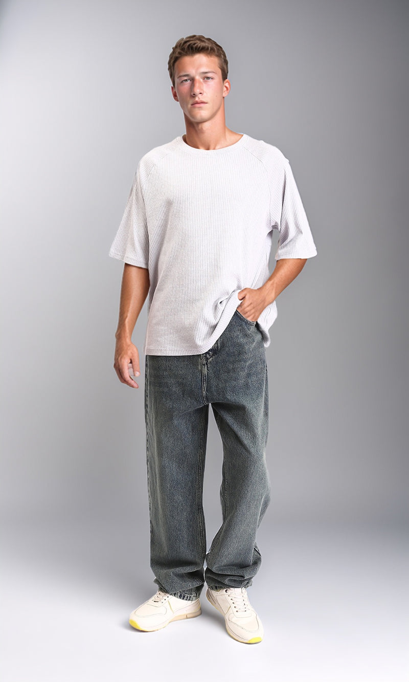 R214252 - Wide Leg Fashionable Casual Jeans - Light Greenish Blue