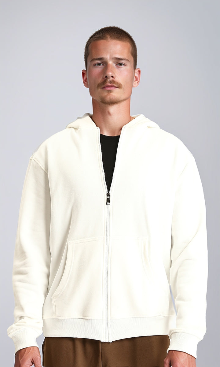 Long Sleeves Solid Zipped Hoodie - Off-White