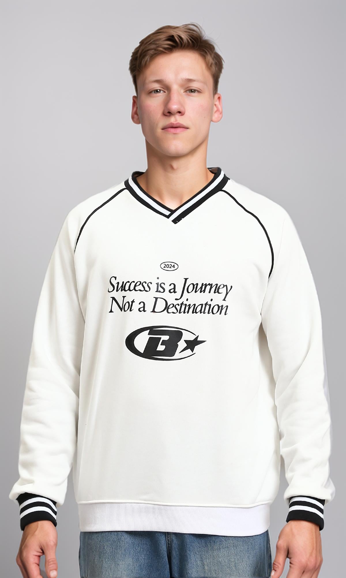 Printed Long Sleeves V-Neck Sweatshirt - White