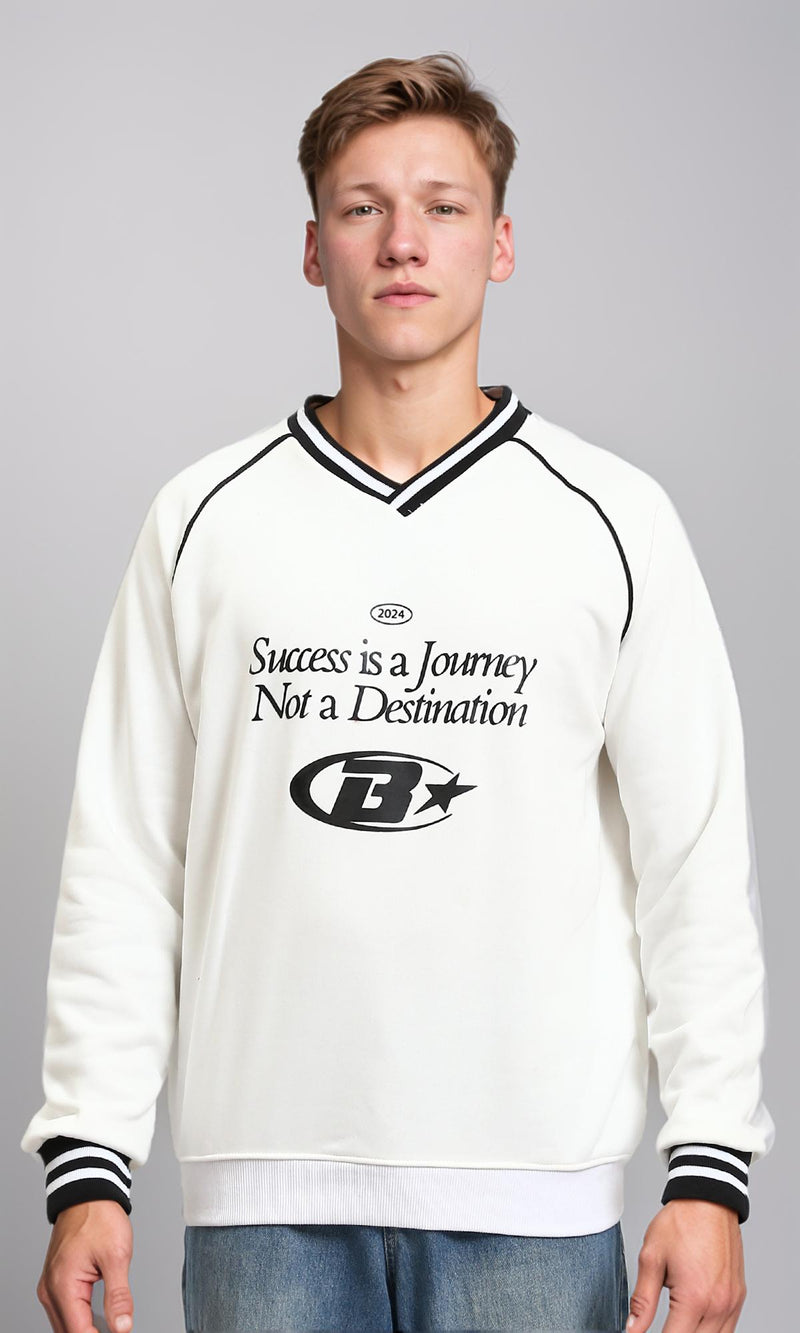 R214271 - Printed Long Sleeves V-Neck Sweatshirt - White