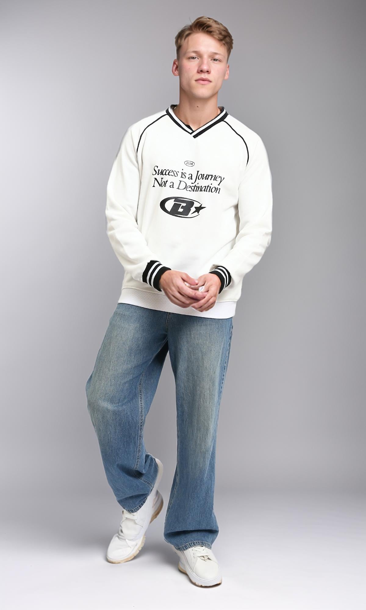 R214271 - Printed Long Sleeves V-Neck Sweatshirt - White