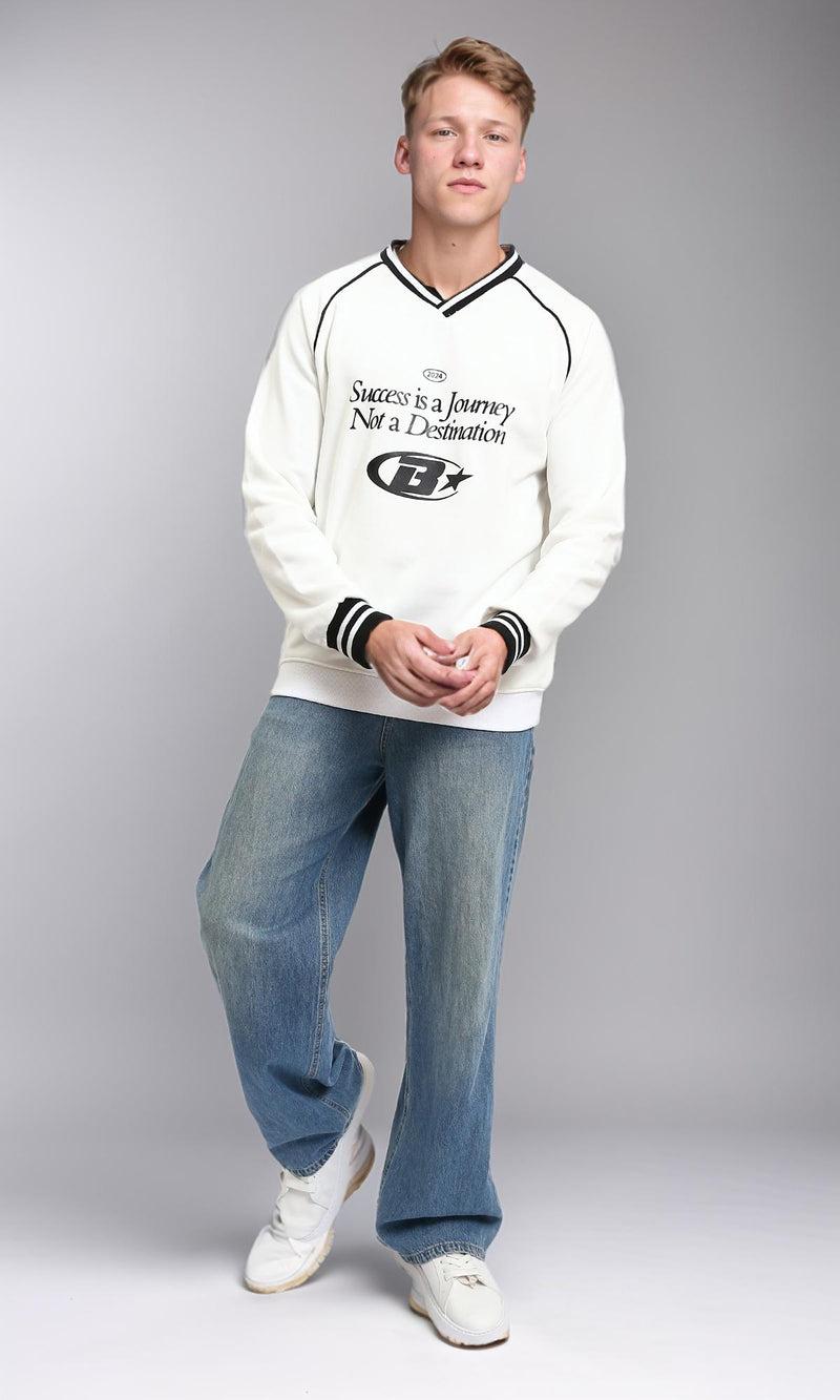 R214271 - Printed Long Sleeves V-Neck Sweatshirt - White