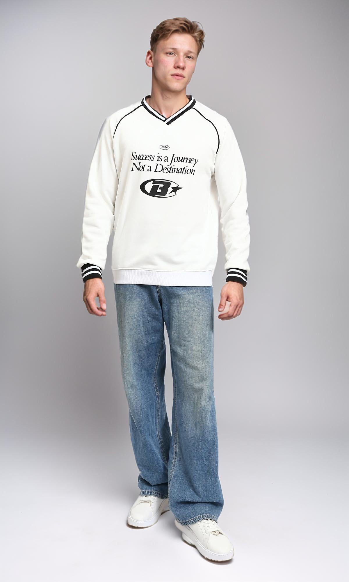 R214271 - Printed Long Sleeves V-Neck Sweatshirt - White