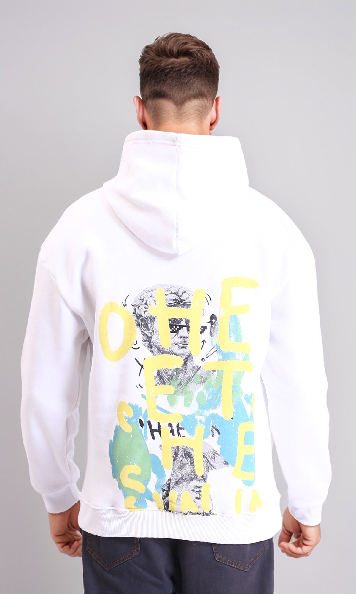 White Oversized Graphic Print Melton Hoodie - R214274