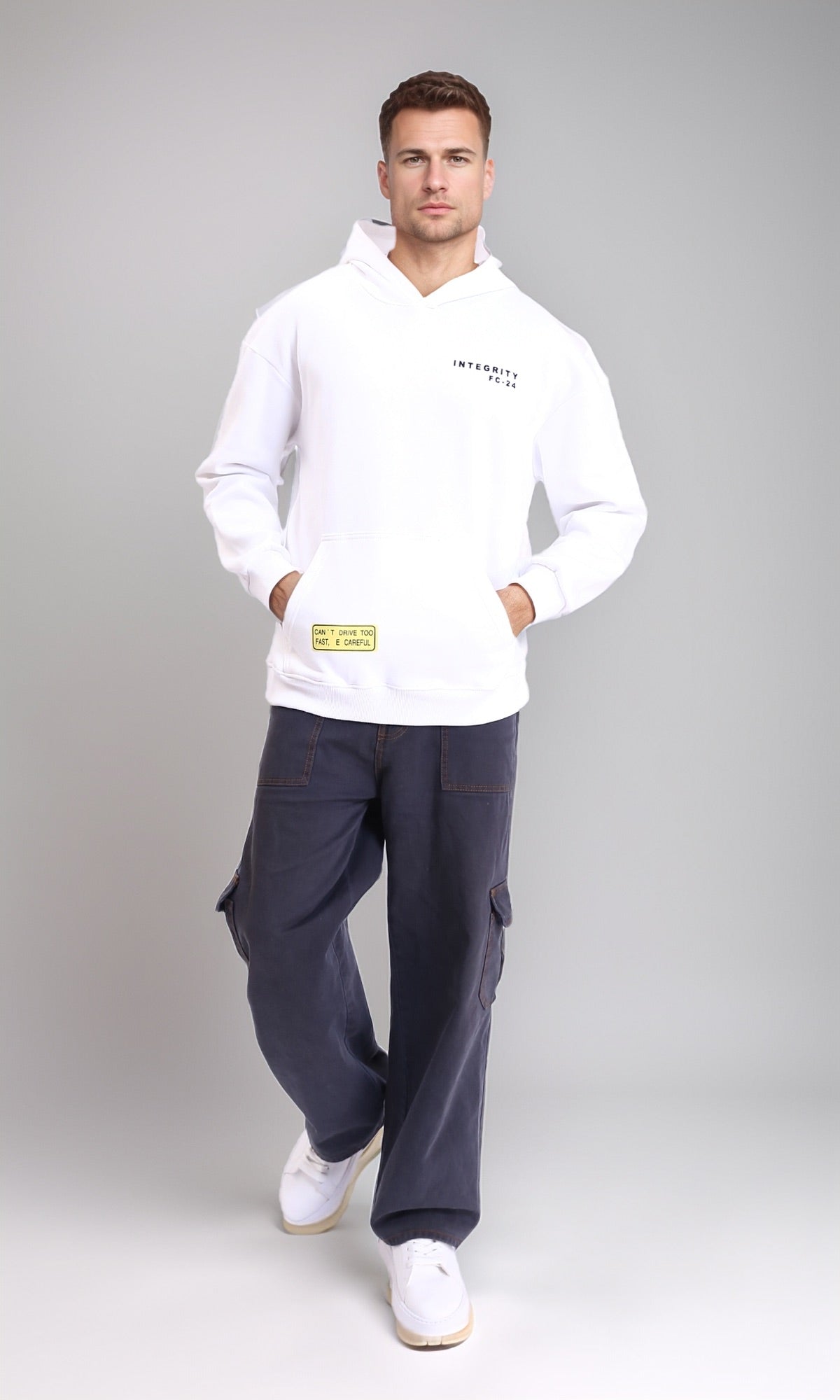 White Oversized Graphic Print Melton Hoodie - R214274