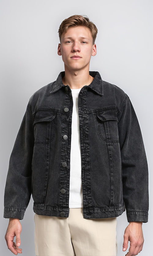 R214285 - Solid Long Sleeves Casual Denim Jacket - Black