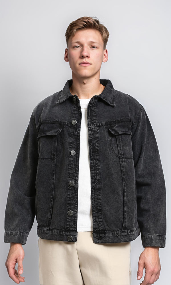 R214285 - Solid Long Sleeves Casual Denim Jacket - Black