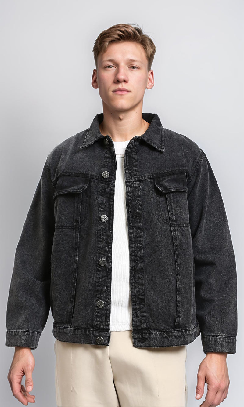 R214285 - Solid Long Sleeves Casual Denim Jacket - Black