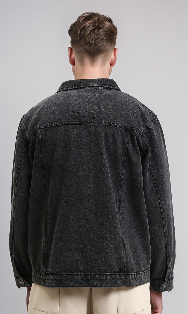 R214285 - Solid Long Sleeves Casual Denim Jacket - Black