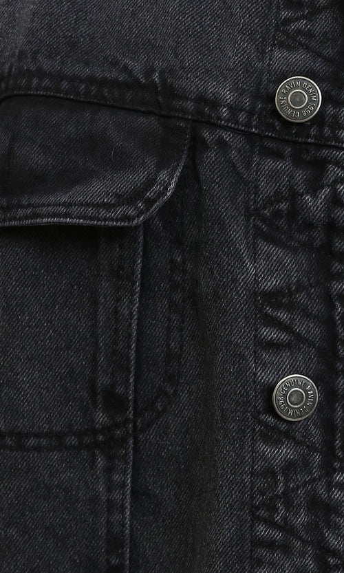 R214285 - Solid Long Sleeves Casual Denim Jacket - Black