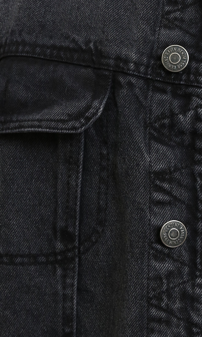 R214285 - Solid Long Sleeves Casual Denim Jacket - Black