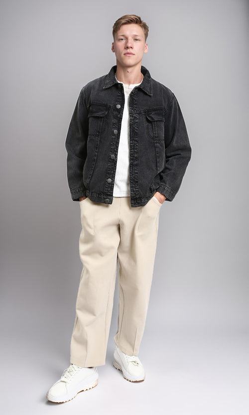 R214285 - Solid Long Sleeves Casual Denim Jacket - Black