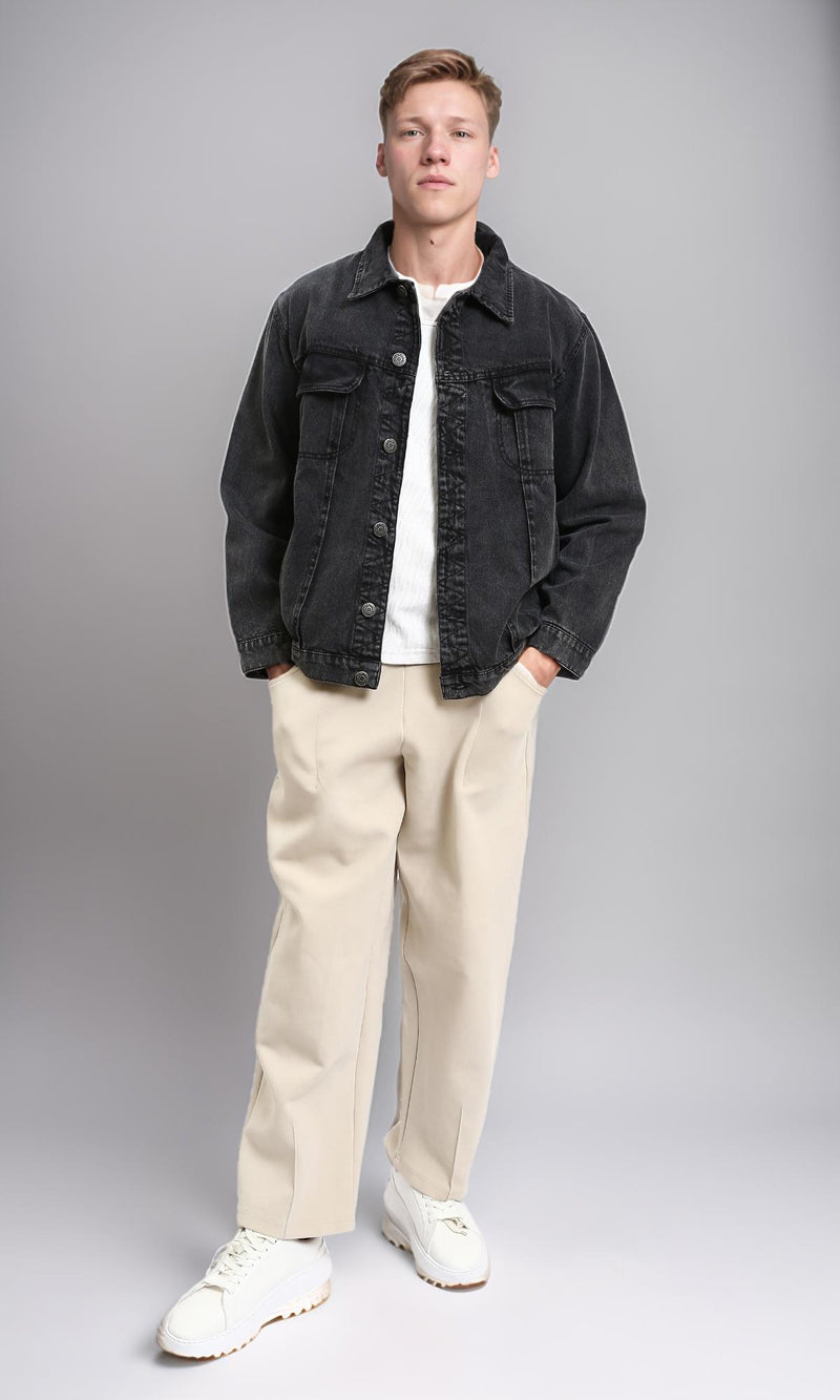 R214285 - Solid Long Sleeves Casual Denim Jacket - Black