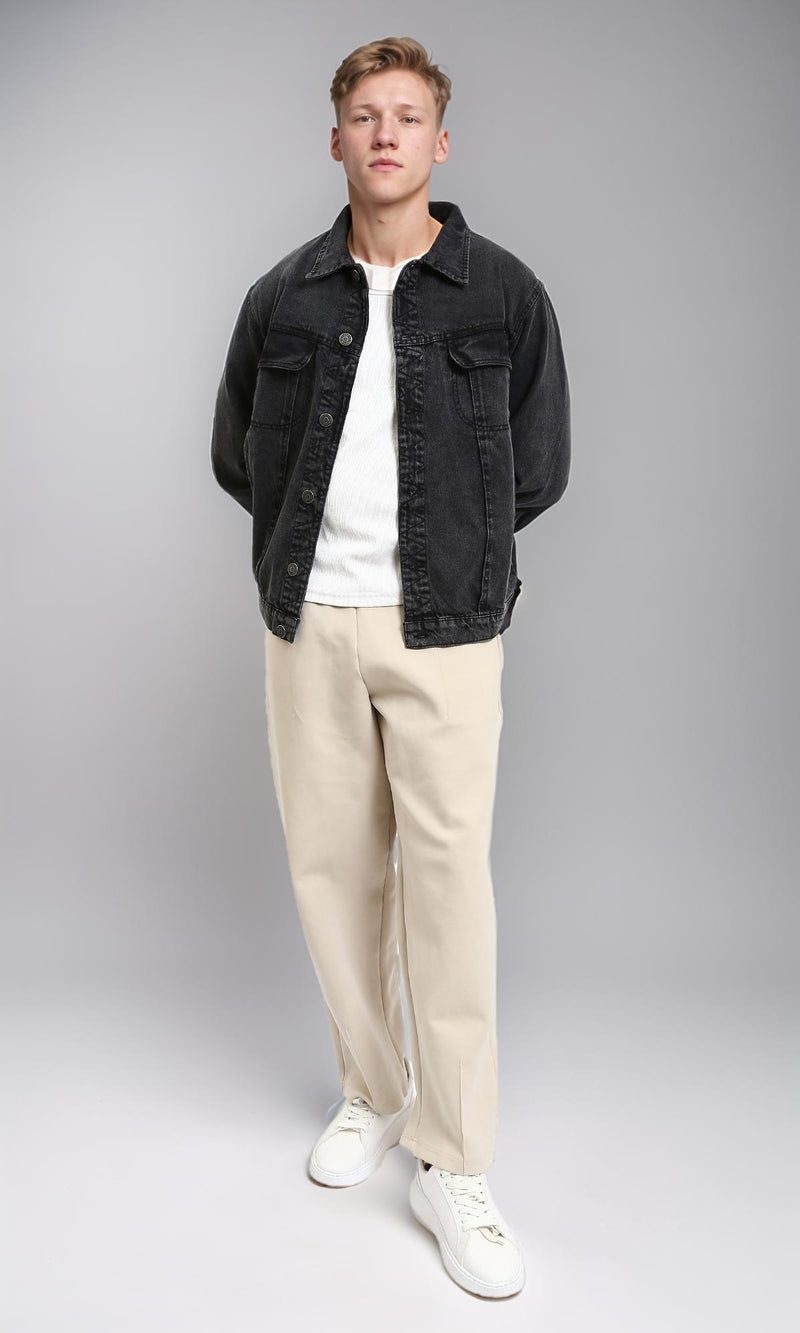 R214285 - Solid Long Sleeves Casual Denim Jacket - Black