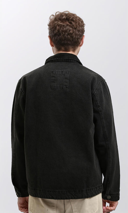 R214288 - Solid Casual Denim Jacket with Pockets - Black