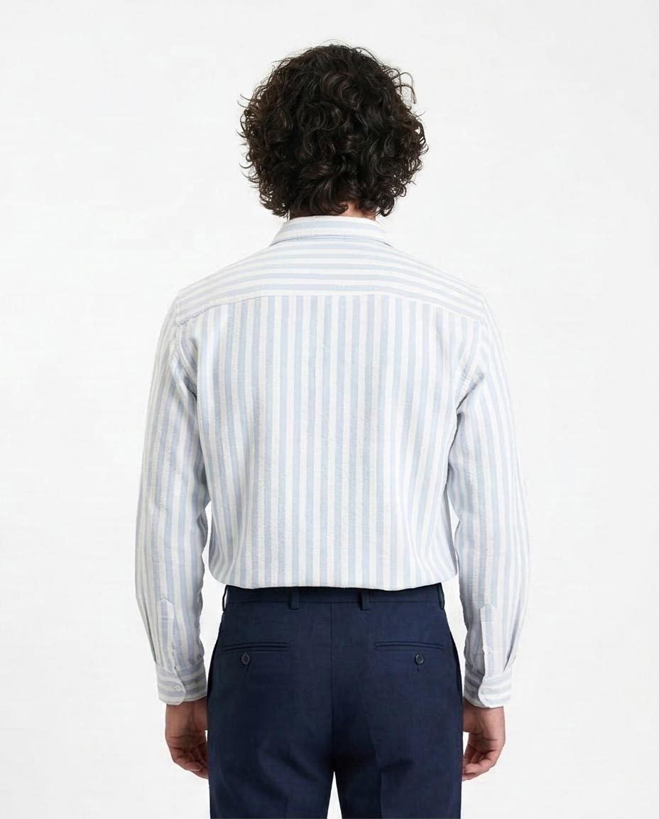 Ravin | Men’s Sky Blue Ticking Stripe Seersucker Shirt - R214291