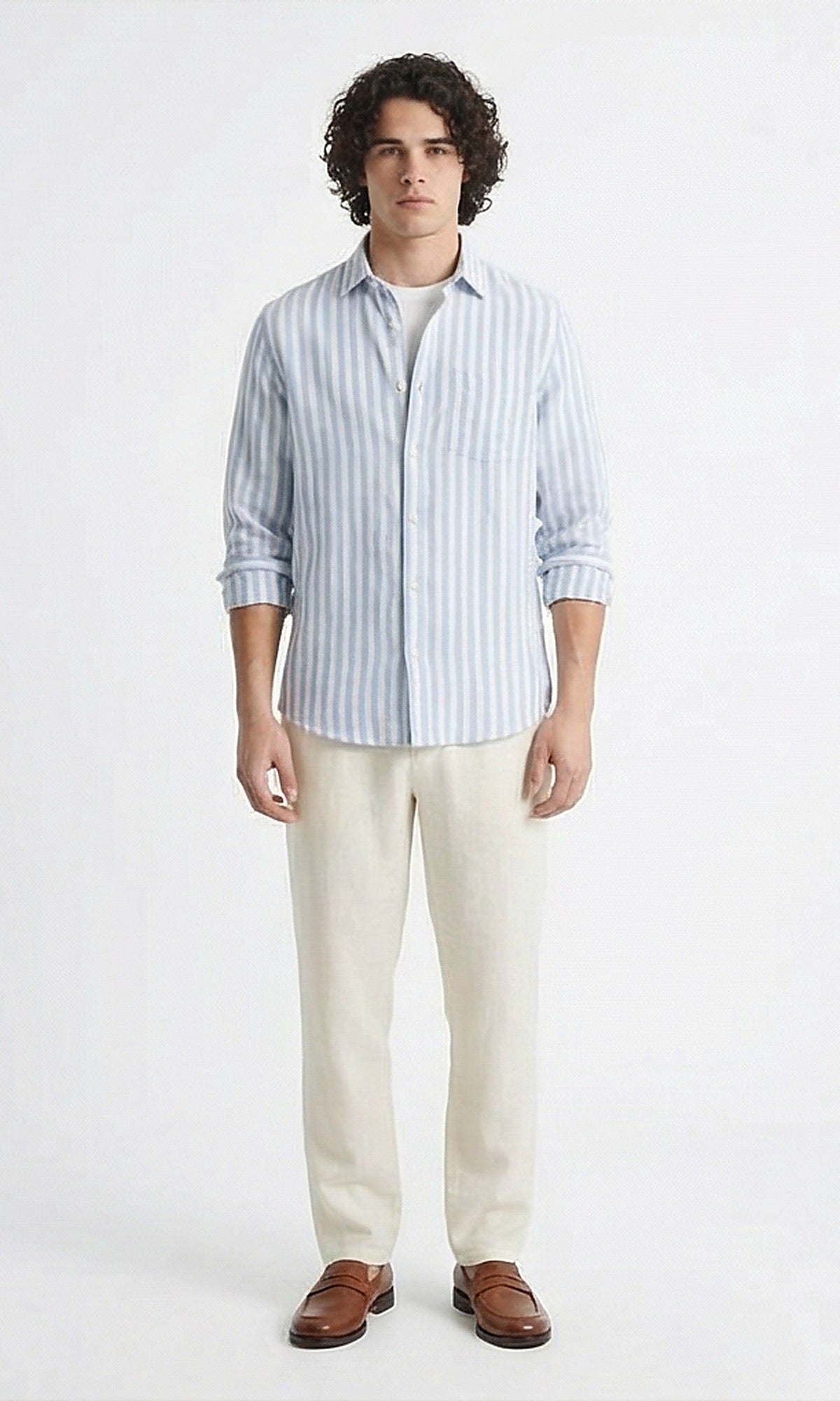 Blue and White Striped Long Sleeve Button-Down Shirt