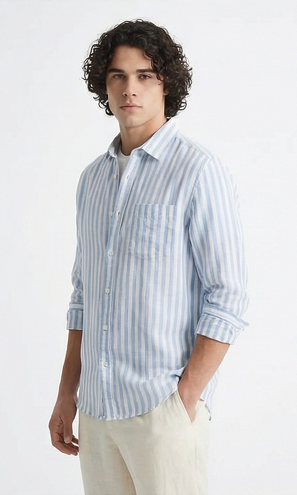 Blue and White Striped Long Sleeve Button-Down Shirt