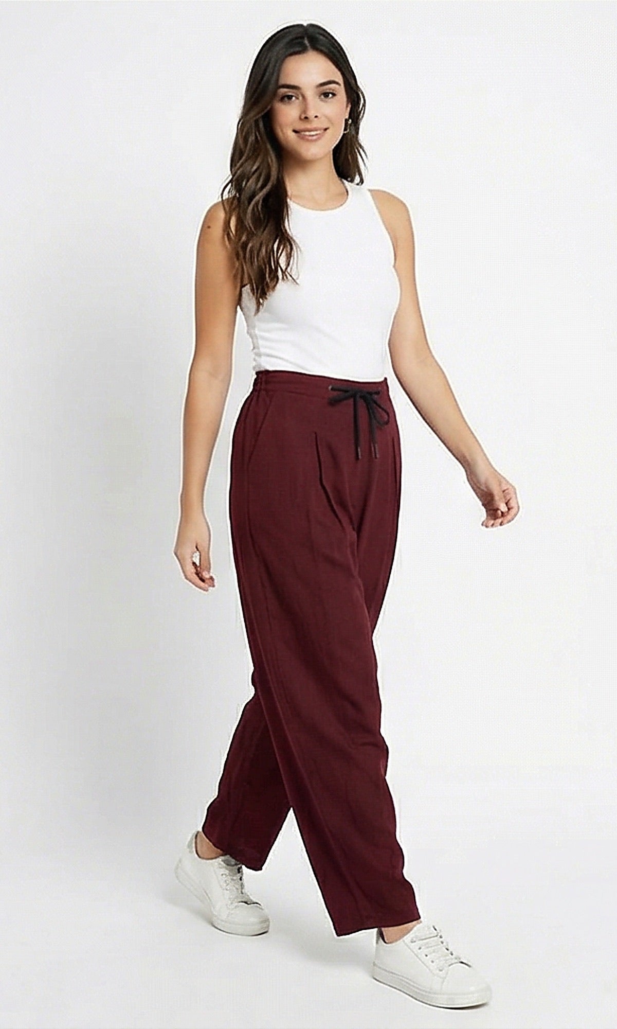 Burgundy Pleated Wide-Leg Drawstring Trousers - R214295