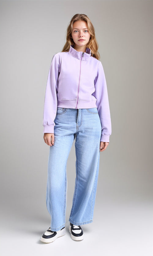 R214305 - Solid Long Sleeves Zipped Short Jacket - Light Purple