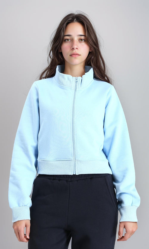 R214306 - Zipped Stand Collar Solid Jacket - Sky Blue