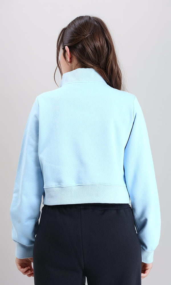 R214306 - Zipped Stand Collar Solid Jacket - Sky Blue